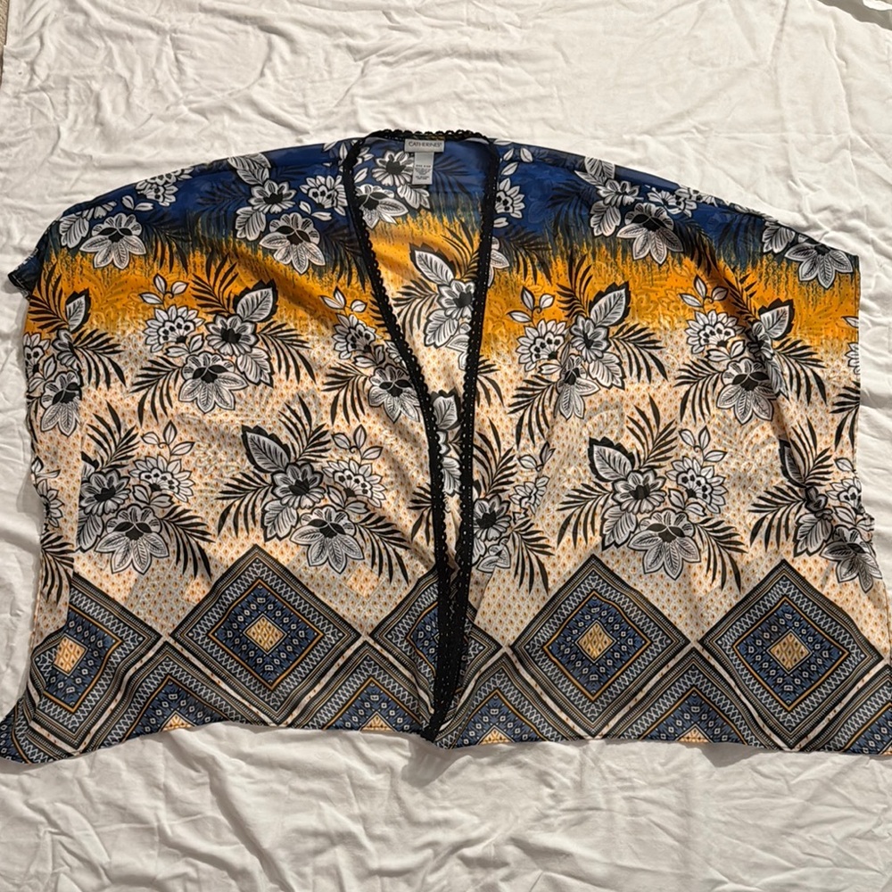 Floral Kimono with Blue and Orange Accents